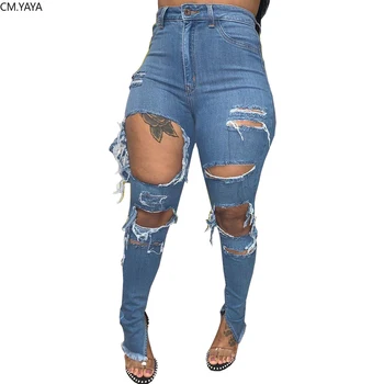 2020 קיץ מכנסי ג 'ינס נשים רטרו מוצק סקסי חור ג' ינס קרועים עיפרון מכנסיים ברחוב רזה גבוהה המותניים מכנסי נשים GL010