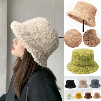 2021 כבש צמר הפרווה המזויפת דלי כובע חורף חם טדי קטיפה כובעים לנשים ליידי לעבות בוב פנמה חיצונית דייג כובע כובעים