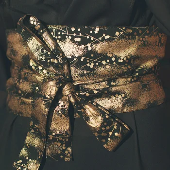 2022 המקורי אובי קימונו אביזרים בסגנון יפני פרח מדהים זהב חגורת מותן שחורה בעבודת יד חגורת המותניים