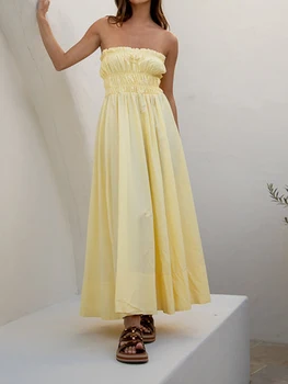 2023 אופנה נשים שמלת סטרפלס שמלה ארוכה בצבע אחיד Ruched שרוולים Off-הכתף גולש חוף שמלת צד שמלה Vestido