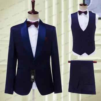 2023 הגעה לניו גברים חליפות הצעיף הכחול Lape ז 'קארד פרחוני החתן סאטן דש השושבינים בחתונה הטוב ביותר ( ז' קט+מכנסיים+וסט )