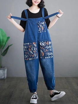 2023 קיץ אופנה קוריאנית הדפסה נשים סרבל סרבל מכנסיים הנשי גבוהה המותניים חופשי מכנסי ג ' ינס בתוספת גודל כתפיות סרבל