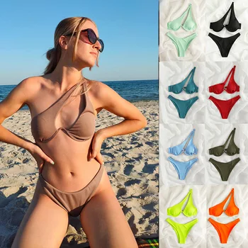 2023 קיץ חדש סקסי בגד ים סט חשופת גב כתף אחת ביקיני סט מוצק צבע פיצול בגד ים עם משטח חזה חוף ללבוש בגדי ים