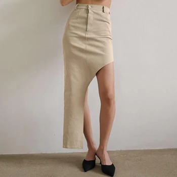 2023 קיץ סקסי חצאית Khak חזית מפוצלת סדירה ג ' ינס חצאיות נשים וינטאג גבוהה המותניים מזדמן קרסול אורך החצאית