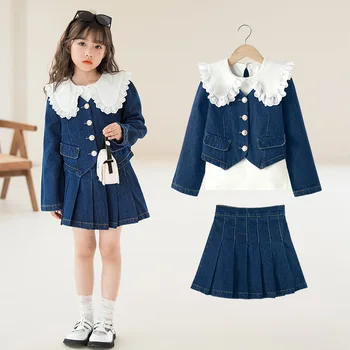 3 חתיכות בנות ג ' ינס תלבושת להגדיר קוריאנית בגדי תינוקות אביב 2023 גג לבן מעיל חצאיות מתוק ילדים חמודים חליפות 8 10 שנים