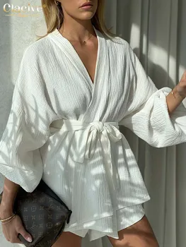 Clacive מזדמנים לבן של נשים חליפת קיץ אופנה גבוהה המותניים התחתונים להגדיר נשי אלגנטי חופשי שרוול ארוך חלוקים שני חתיכת קבוצה