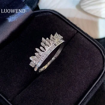 LUOWEND 18K זהב לבן, טבעות טבעי יהלומים 0.33 קראט רומנטית כתר בצורת טבעת אלגנטית לנשים מסיבת החתונה.
