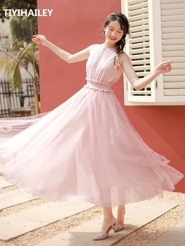 TIYIHAILEY משלוח חינם 2022 ארוכה מקסי קיץ נשים שיפון גזה Boshow S-L ללא שרוולים לבן ורוד O-צוואר שמלות גבוהה המותניים