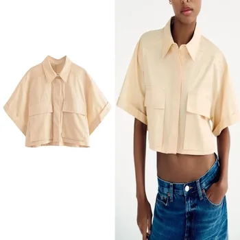 TRAF 2023 נשים אופנה קצר חולצת קיץ דש שרוול קצר יבול העליון כיסים קדמיים להסתיר את כפתור החולצה הנשית Mujer