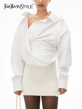 TWOTWINSTYLE מוצק סדיר מעצב חולצות לנשים דש שרוול ארוך טלאים כפתור מזדמן החולצה הנשית בגדי אופנה