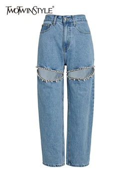 TWOTWINSTYLE רקום נורים ג ' ינסים לנשים גבוהות המותניים טלאים כפתור חלול החוצה בקיץ רחב הרגל המכנסיים נשית אופנה חדש