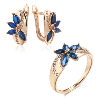 Wbmqda הכחול החדש טבעי מצופה עגילים טבעת לנשים 585 רוז זהב פשוטה אופנה עיצוב יצירתי הכלה תכשיטים לחתונה