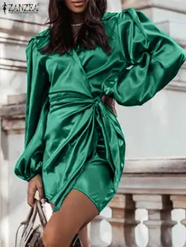 ZANZEA אלגנטי, שמלת קיץ סקסי מסיבת חג המולד שמלות מיני סתיו נשים אופנתי תחרה ארוכה פאף שרוול Vestidos החלוק הנשי 2022