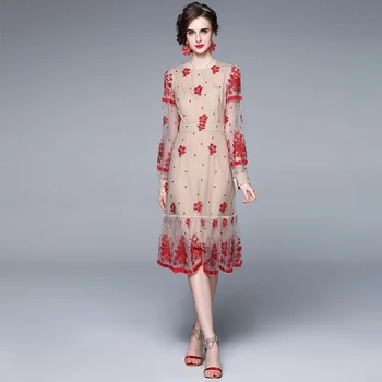 ZUOMAN נשים יוקרה רקמה רשת השמלה לפסטה איכות גבוהה בציר צד החלוק פאטאל פנס שרוול מעצב אדום Vestidos