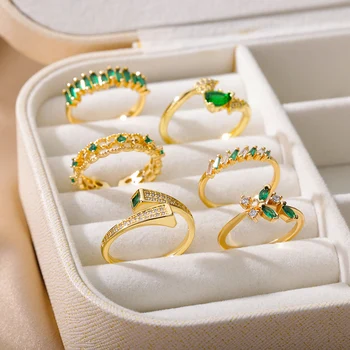 אופנה גיאומטריה הזהב פתח טבעות לגברים נשים קריסטל ירוק קסם עגול מתכוונן טבעת אצבע Accessrioes תכשיטים ילדה מתנות