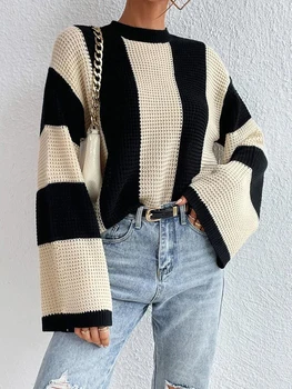אופנה נשים סוודר 2023 צוואר עגול עם פסים סרוגים ' קט עליון ארוך שרוול סוודר Oversize של נשים חורף חולצה אופנת רחוב