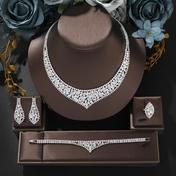 אופנתי אופנה 4pcs כלה Zirconia מלא תכשיטים מגדיר עבור נשים מסיבות יוקרה בדובאי CZ קריסטל חתונה תכשיטי שרשרת סטים