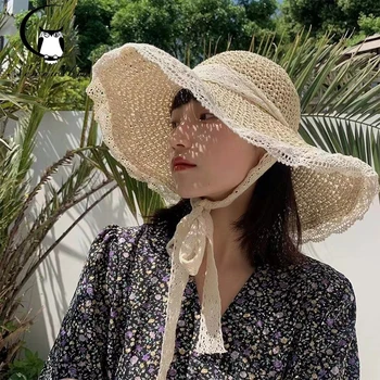אלגנטי לנשים הקיץ תחרה חוף כובע קוריאנית Windproof חבל נסיעות שוליים רחבים, שמש כובע קש כובע אופנה עמיד UV הכובע