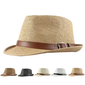 גברים כובע השמש מוצק צבע לנשימה הגנה מפני השמש, חגורת עיצוב שטוח העליון שמשיה וינטג ' מכופף קצה גברים כובע קש הכובעים