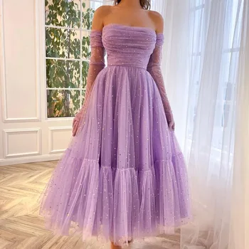 גברת אלגנטי שרוול ארוך מחוץ כתף שמלת ערב 2023 שקוף נשים רשמית אירוע שמלת מסיבת נצנצים רשת שמלה ארוכה
