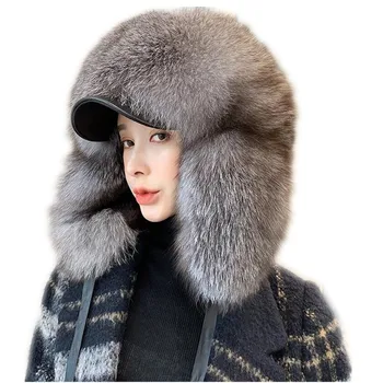 החורף של הגברים 100% מקורי כסוף פרווה המחבל כובע עם Earflap פרווה דביבון Ushanka כובע טראפר יוקרה אישה רוסיה סקי קאפ
