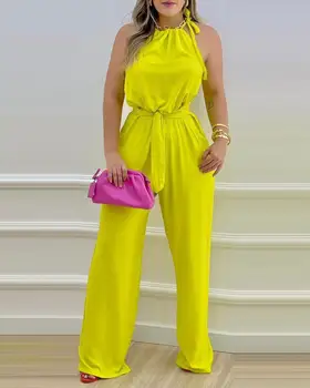 הקולר רצועת אלחוטי שרוכים סרבל שיק אופנה קיץ יומי גבוה בסגנון טופס-התאמה מקרית אישה סקסית ללא שרוולים