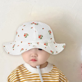 התינוק דלי כובעים חדשים קיץ חיצונית ילדים להדפיס פנמה שמשיה בחוף כובע בנים בנות כותנה דלי דיג כובעים עבור 3-12 חודשים