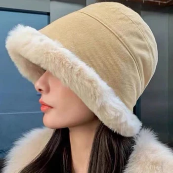 חדש מעובה רך כבש בפלאש החורף דלי אופנה כובע חיצוני חם כובעים דמוית קטיפה תכליתי בנות Windproof כובעי פנמה