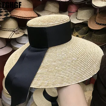 טבעי נשים שמש כובעים שחורים Ribbon12cm 15cm העליון השטוח גדול רחב שוליים כובעי קש כובע קש Chapeu סומבררו החוף כובעים