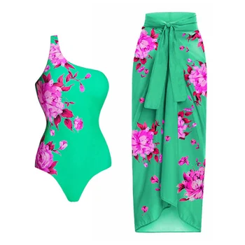 ירוק כתף אחת פרחוני הדפסה בגד ים סט נשים מחרוזת בגדי ים בגדי ים לנערות Biquini Naranja 2023 יוקרה לקשור צבע