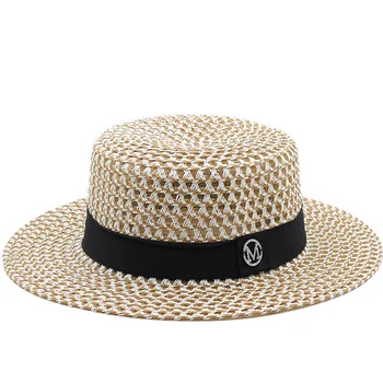מ ' מכתב עגול שטוח גג קש חוף כובע ליידי מגבעת שמש כובעי פנמה קש פדורה נשים הנסיעה של סאן קאפ