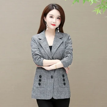 נשים אופנה משובצת קטן החליפה המעיל 2023 קוריאנית סלים בלייזר לנשים מזדמן פרוע בלייזרס ' קט ליידי משרד המעיל מקסימום