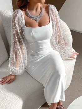 נשים אלגנטי, שמלת מקסי לבנה צוואר מרובע נצנצים פנס שרוול Bodycon החלוק די סקסי קיץ דייט הטקס Vestido