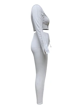 נשים בלבוש קליל שני חלקים תלבושת שרוול ארוך צוואר צוות לקשור גזורה עם מכנסיים מותן גבוהה ליפול אנסמבל