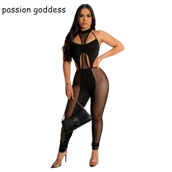 נשים סקסיות לוהטות שחור הדמות רזה רשת טלאים סרבל מחוך תחרה ללא משענת לראות דרך מועדון לילה Bodysuits 2023 Rompers