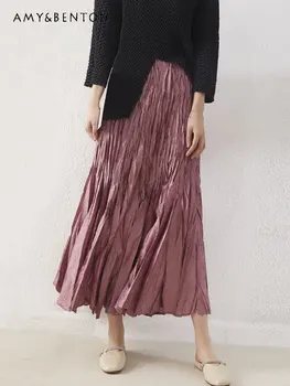 סאטן גבוה מותן חצאית לנשים חדש חוש עיצוב קפלים מזג קו ארוך קפלים החצאית באביב ובקיץ 2023