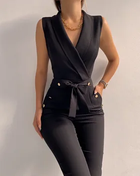 סקסי שחור אלגנטי Ladise המשרד Bodycon סרבל האופנה V צוואר כיס כפתור שרוכים רומפר לנשים קיץ מזדמן הסרבל.