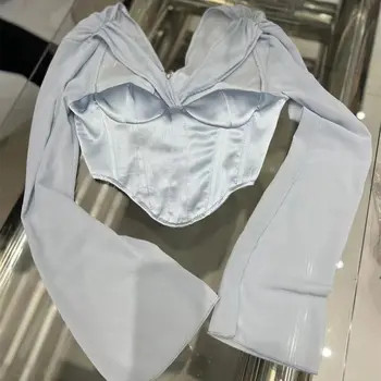 סקסית קצוץ צמוד העליון של נשים אביב-קיץ החדש חלול החוצה עיצוב דק סאטן שיפון החולצה הנשית החולצה Y3875