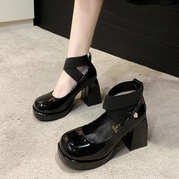פלטפורמת משאבות נשים עקבים גבוהים נעלי ג ' יין מארי עגול הבוהן בציר שחור לבן עבה עם עקבים מסיבת נעליים נשיות גודל 41 42