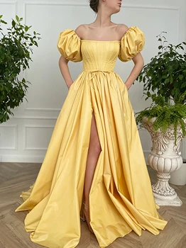 צהוב סאטן מתוק נסיכה, שמלת נשף החלוק De Bal סקסי מחוץ כתף קצרה בועה הרצפה שרוול ארוך שמלת ערב מסיבת