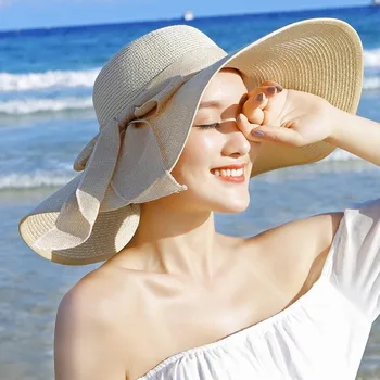 קיץ נשים כובע קש Bowknot שוליים רחבים, תקליטונים כובעי פנמה הנשי ליידי חיצונית מתקפלת החוף סאן קאפ 여름모자 남성용