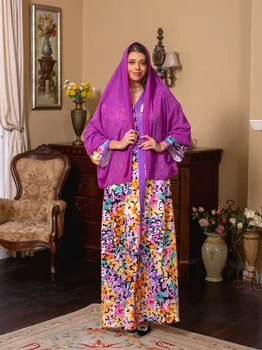 רמדאן Abaya דובאי, טורקיה המוסלמית חיג ' אב השמלה 2023 אביב פרחוני מודפס שמלת מקסי V-צוואר תחרה הקלטת החלוק עיד מובארק