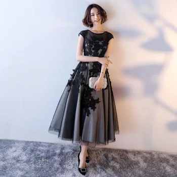 שחור שמלת ערב 2020 מסוגנן חדש סקסי אשליה O-צוואר אפליקציות, פרח בשורה קרסול אורך נשף שמלות ערב
